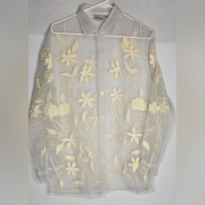 Reflections by Spiegel Cream Floral Sheer Blouse Button Down Shirt Top Size S
